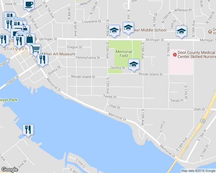map of restaurants, bars, coffee shops, grocery stores, and more near 598 South 12th Avenue in Sturgeon Bay