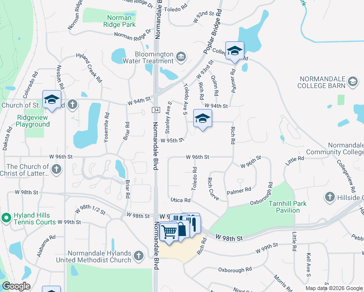 map of restaurants, bars, coffee shops, grocery stores, and more near 5243 West 95th Street in Minneapolis
