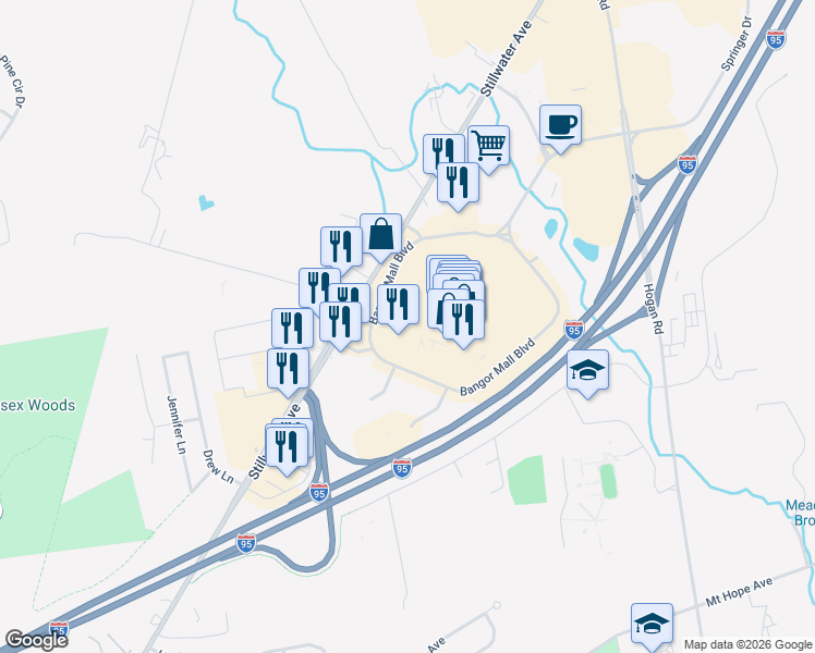 map of restaurants, bars, coffee shops, grocery stores, and more near 639 Stillwater Avenue in Bangor