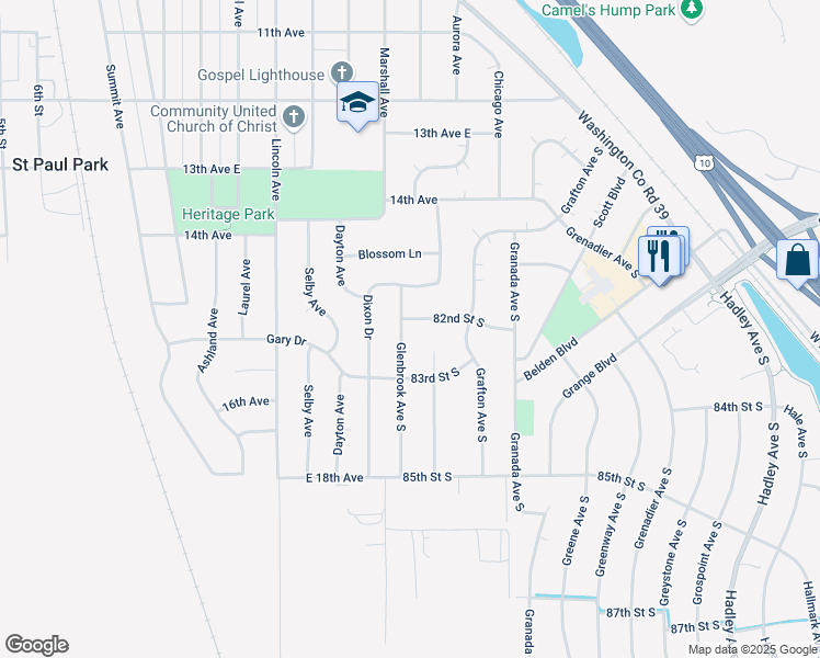 map of restaurants, bars, coffee shops, grocery stores, and more near 6283 82nd Street South in Cottage Grove