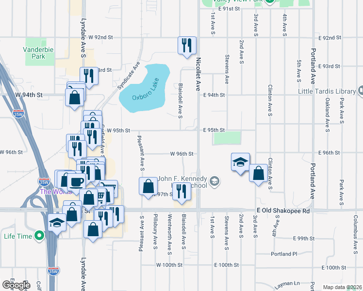 map of restaurants, bars, coffee shops, grocery stores, and more near 100 West 96th Street in Bloomington