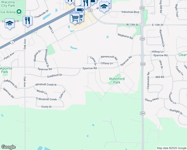 map of restaurants, bars, coffee shops, grocery stores, and more near 1672 Lenox Drive in Waconia