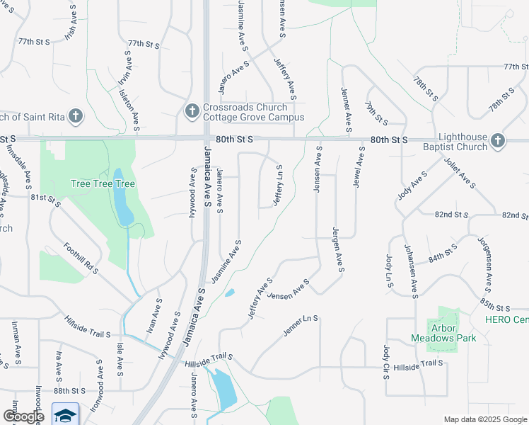 map of restaurants, bars, coffee shops, grocery stores, and more near 8261 Jeffery Avenue South in Cottage Grove