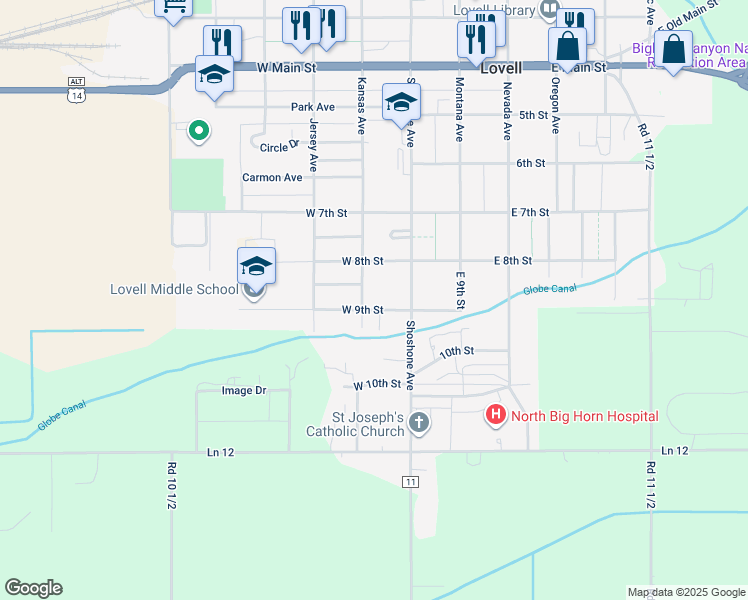 map of restaurants, bars, coffee shops, grocery stores, and more near 55 West 9th Street in Lovell