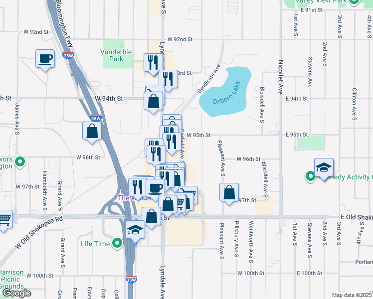 map of restaurants, bars, coffee shops, grocery stores, and more near 9519 Garfield Avenue South in Minneapolis