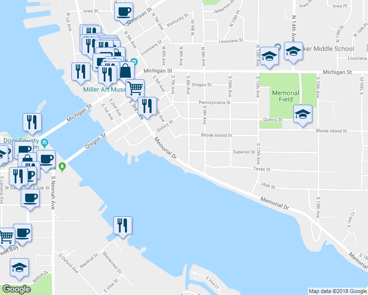map of restaurants, bars, coffee shops, grocery stores, and more near 525 South 8th Avenue in Sturgeon Bay