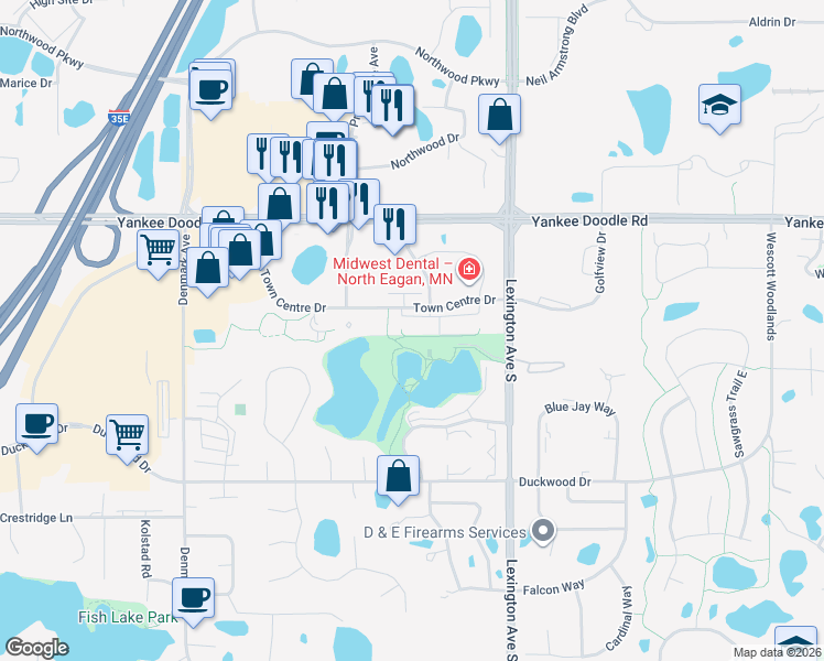 map of restaurants, bars, coffee shops, grocery stores, and more near 1150 Town Centre Drive in Saint Paul