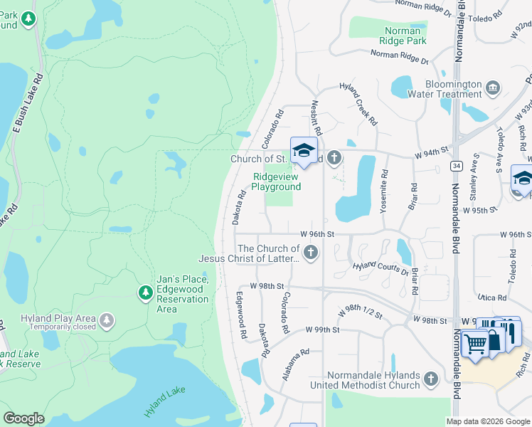 map of restaurants, bars, coffee shops, grocery stores, and more near 9516 Colorado Avenue South in Minneapolis
