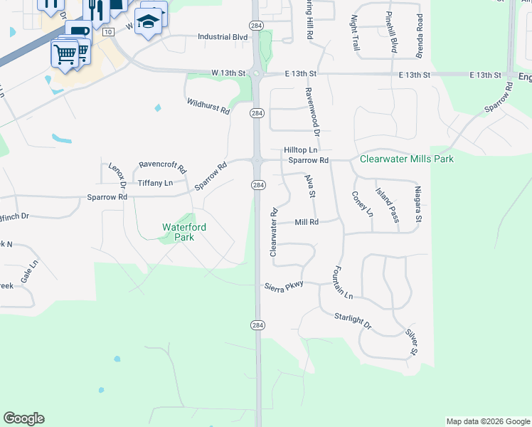 map of restaurants, bars, coffee shops, grocery stores, and more near 1780 Clearwater Road in Waconia