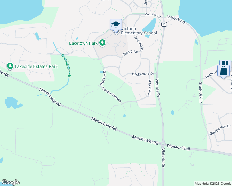 map of restaurants, bars, coffee shops, grocery stores, and more near 9626 Timber Terrace in Victoria