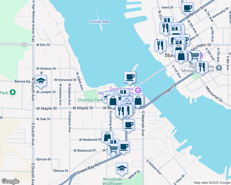 map of restaurants, bars, coffee shops, grocery stores, and more near 50 West Larch Street in Sturgeon Bay