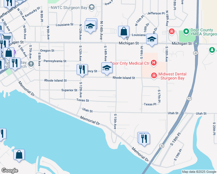 map of restaurants, bars, coffee shops, grocery stores, and more near 1418 Superior Street in Sturgeon Bay