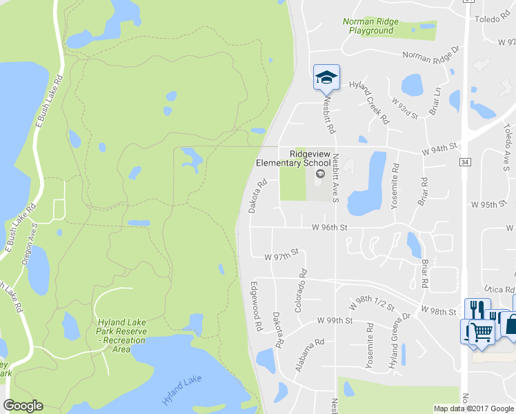 map of restaurants, bars, coffee shops, grocery stores, and more near 9517 Dakota Road in Minneapolis