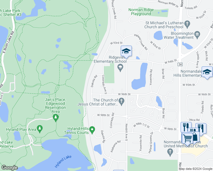 map of restaurants, bars, coffee shops, grocery stores, and more near 9509 Colorado Avenue South in Minneapolis