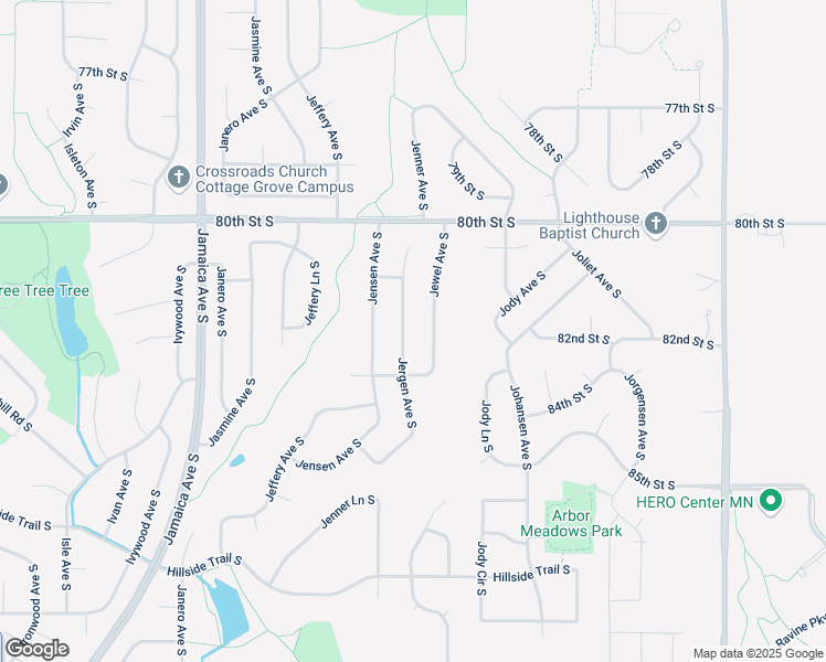 map of restaurants, bars, coffee shops, grocery stores, and more near 8207 Jergen Avenue South in Cottage Grove