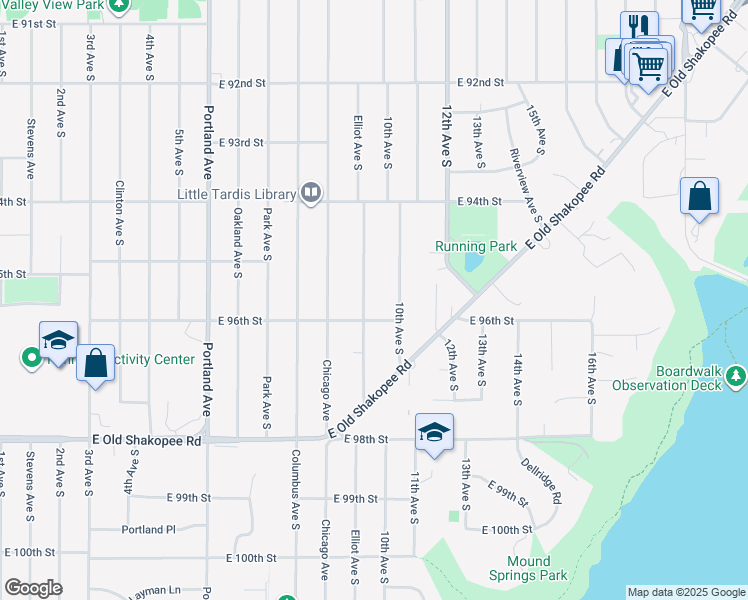 map of restaurants, bars, coffee shops, grocery stores, and more near 9535 Elliot Avenue South in Minneapolis
