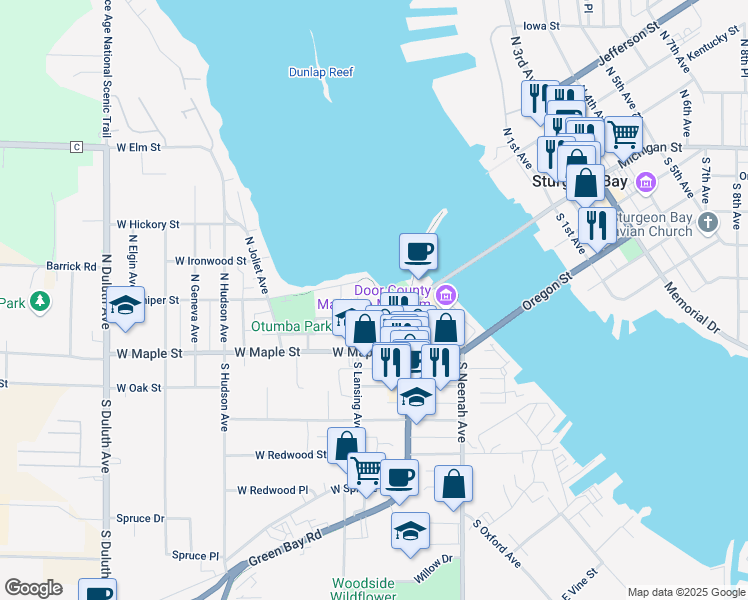 map of restaurants, bars, coffee shops, grocery stores, and more near 50 West Larch Street in Sturgeon Bay