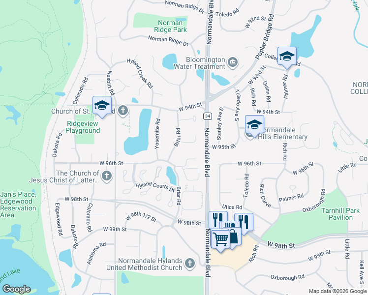 map of restaurants, bars, coffee shops, grocery stores, and more near 9521 Briar Circle in Minneapolis