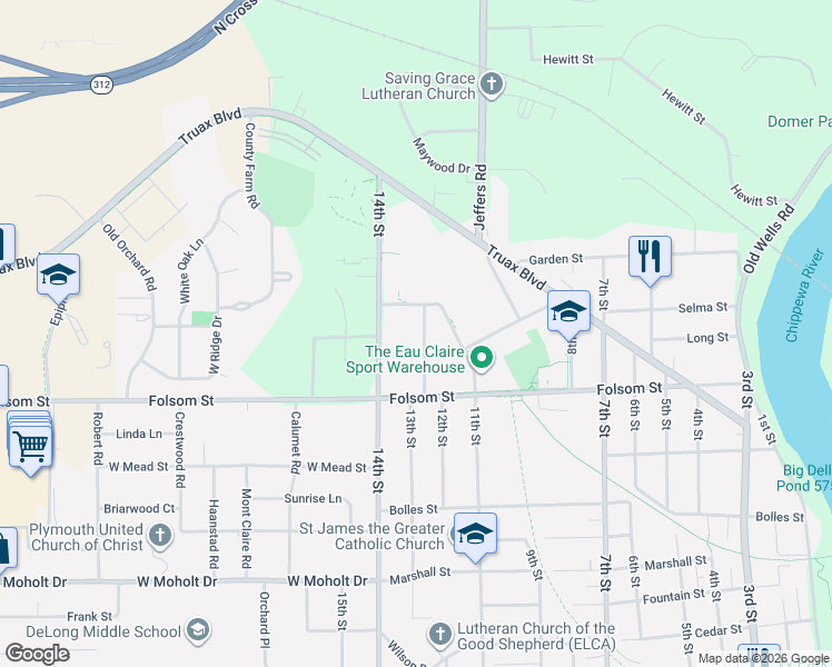 map of restaurants, bars, coffee shops, grocery stores, and more near 3110 Otis Street in Eau Claire