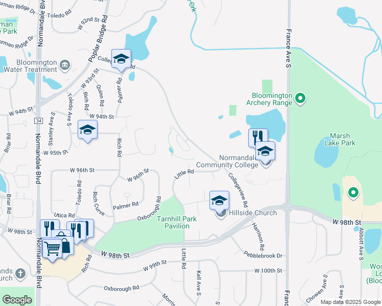 map of restaurants, bars, coffee shops, grocery stores, and more near 9500 Collegeview Road in Minneapolis