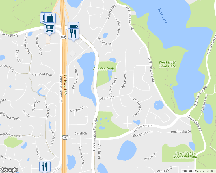 map of restaurants, bars, coffee shops, grocery stores, and more near 9548 Yukon Circle South in Minneapolis