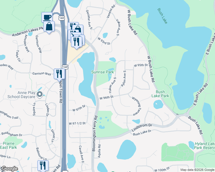 map of restaurants, bars, coffee shops, grocery stores, and more near 9548 Yukon Circle South in Minneapolis
