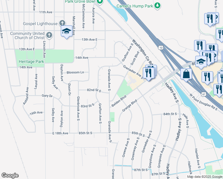 map of restaurants, bars, coffee shops, grocery stores, and more near 8199 Granada Avenue South in Cottage Grove