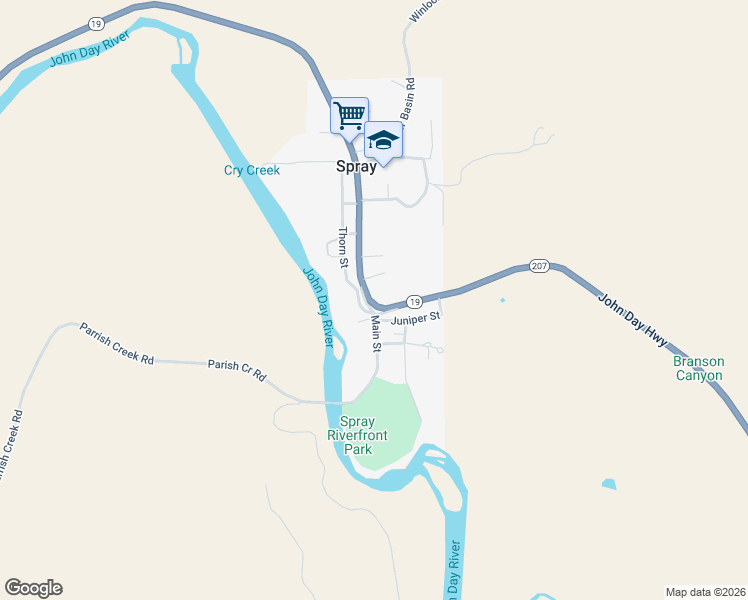 map of restaurants, bars, coffee shops, grocery stores, and more near 201 Main Street in Spray