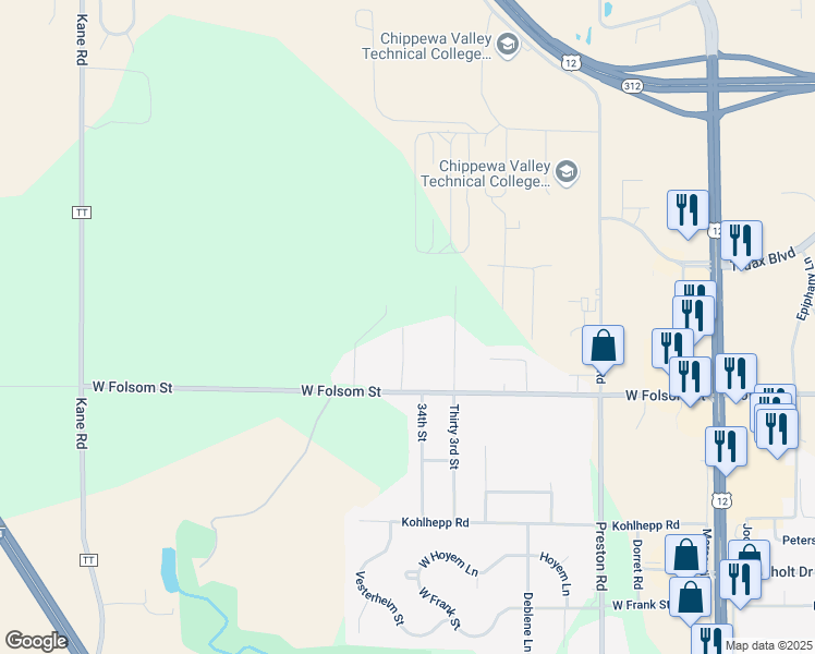 map of restaurants, bars, coffee shops, grocery stores, and more near 3536 West Folsom Street in Eau Claire