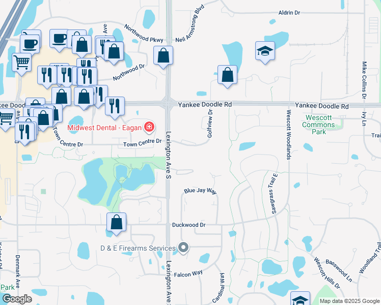 map of restaurants, bars, coffee shops, grocery stores, and more near 3480 Golfview Drive in Eagan