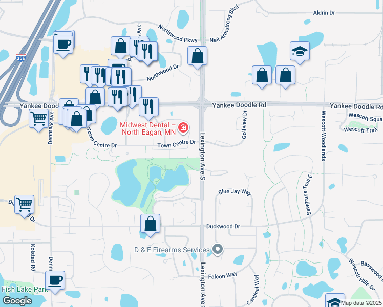 map of restaurants, bars, coffee shops, grocery stores, and more near 1130 Town Centre Drive in Eagan