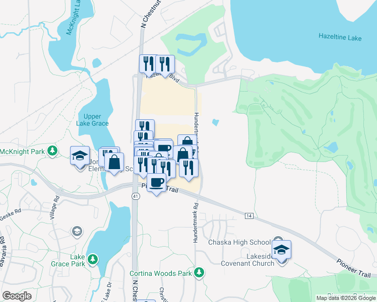 map of restaurants, bars, coffee shops, grocery stores, and more near 3000 Hundertmark Road in Chaska