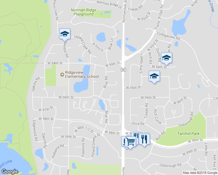 map of restaurants, bars, coffee shops, grocery stores, and more near 9521 Briar Circle in Minneapolis