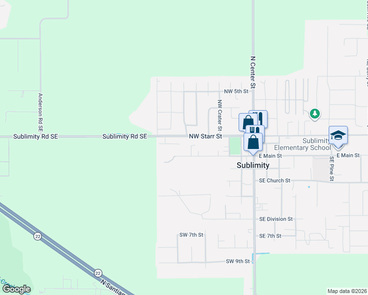 map of restaurants, bars, coffee shops, grocery stores, and more near 615 West Main Street in Sublimity