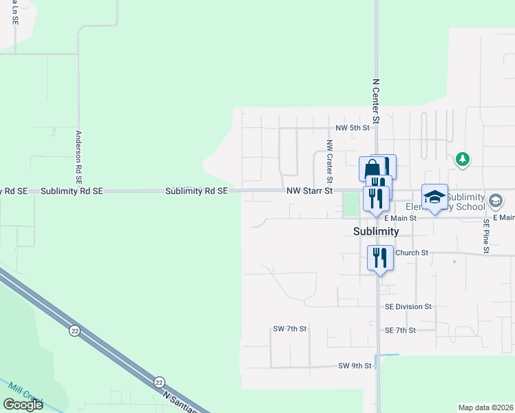 map of restaurants, bars, coffee shops, grocery stores, and more near 635 West Main Street in Sublimity