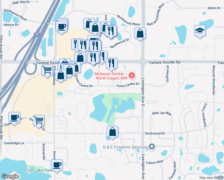 map of restaurants, bars, coffee shops, grocery stores, and more near 1160 Town Centre Drive in Eagan