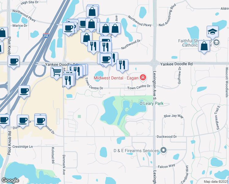 map of restaurants, bars, coffee shops, grocery stores, and more near 1200 Town Centre Drive in Eagan
