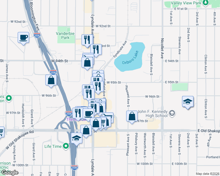 map of restaurants, bars, coffee shops, grocery stores, and more near 9519 Garfield Avenue South in Minneapolis