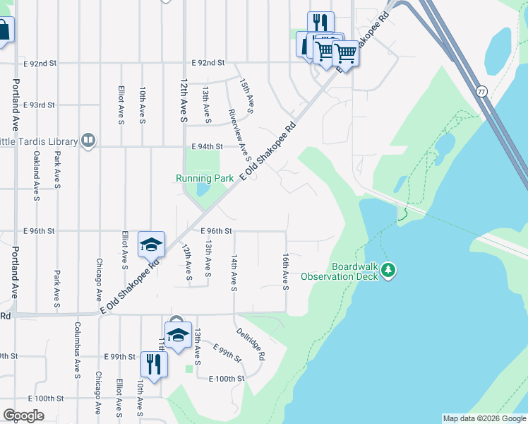map of restaurants, bars, coffee shops, grocery stores, and more near 1520 East 96th Street in Bloomington