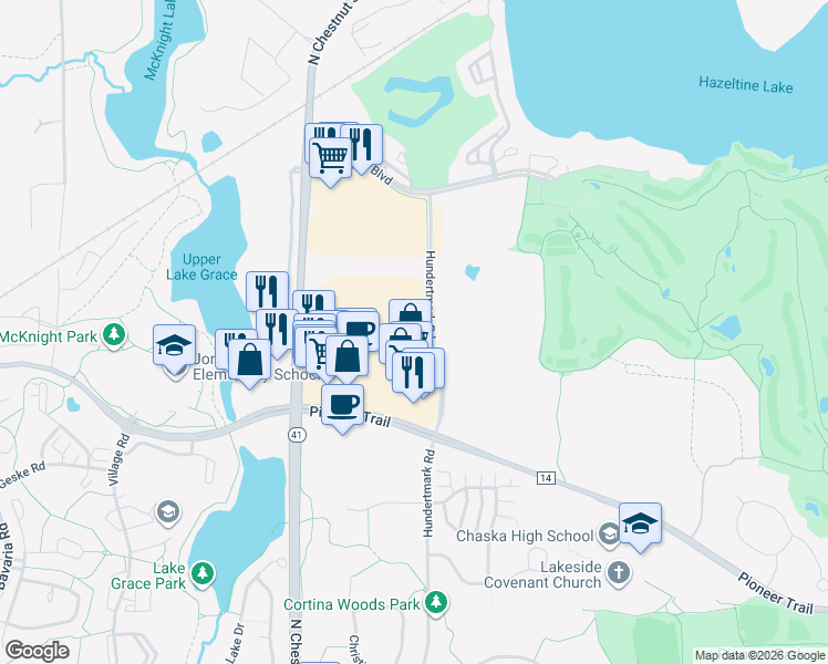 map of restaurants, bars, coffee shops, grocery stores, and more near 3000 Hundertmark Road in Chaska