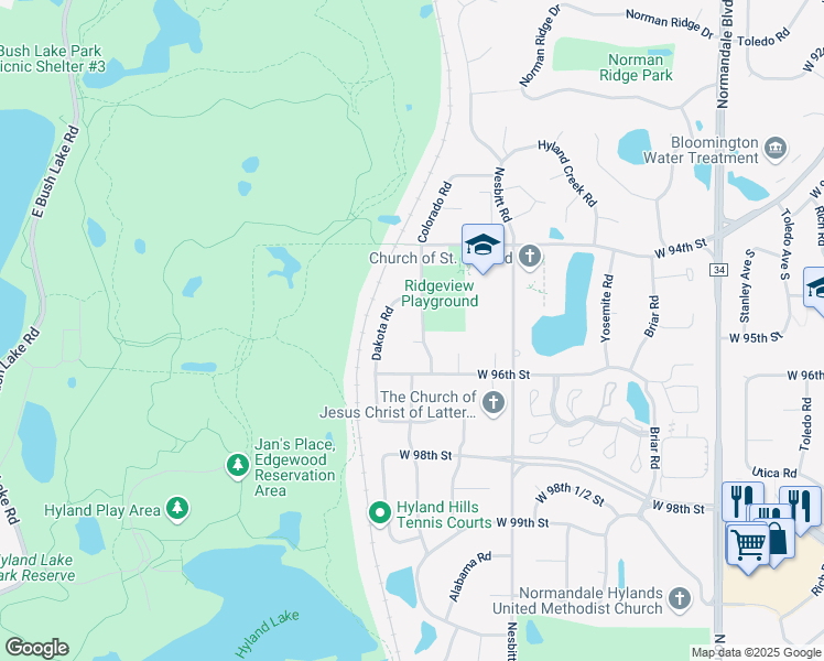 map of restaurants, bars, coffee shops, grocery stores, and more near 9517 Dakota Road in Minneapolis