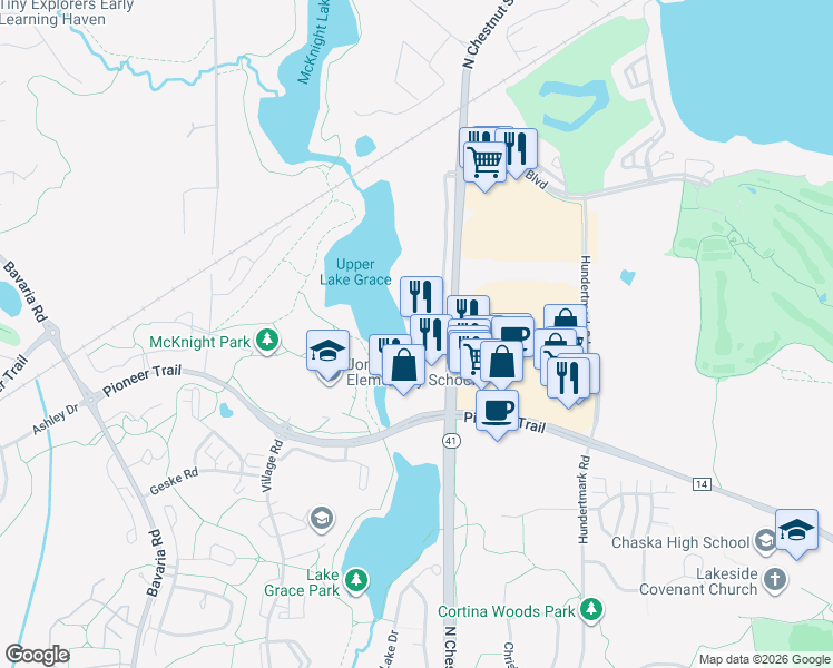 map of restaurants, bars, coffee shops, grocery stores, and more near 2980 North Chestnut Street in Chaska
