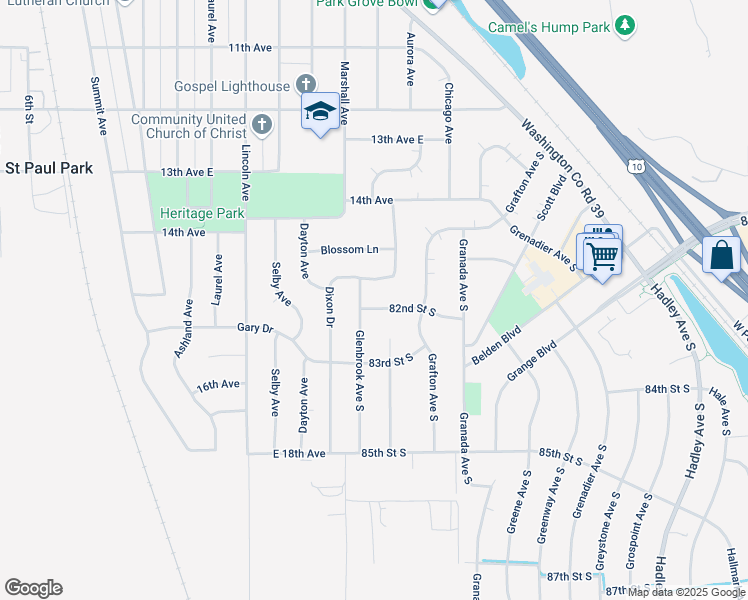 map of restaurants, bars, coffee shops, grocery stores, and more near 6283 82nd Street South in Cottage Grove