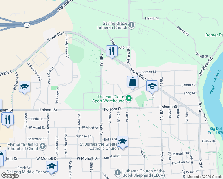 map of restaurants, bars, coffee shops, grocery stores, and more near 3110 Otis Street in Eau Claire