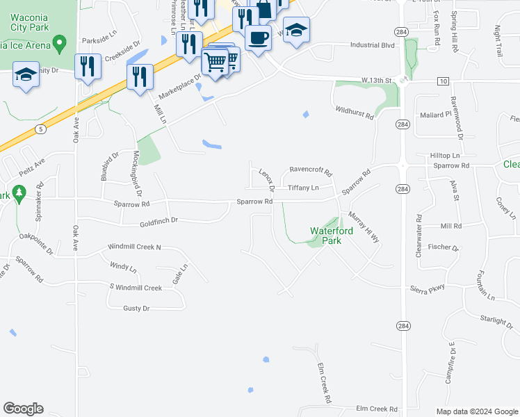 map of restaurants, bars, coffee shops, grocery stores, and more near 1654 Saint George Street in Waconia