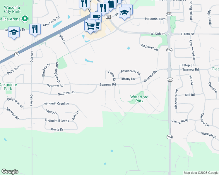 map of restaurants, bars, coffee shops, grocery stores, and more near 1672 Lenox Drive in Waconia