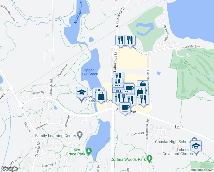 map of restaurants, bars, coffee shops, grocery stores, and more near 3000 North Chestnut Street in Chaska