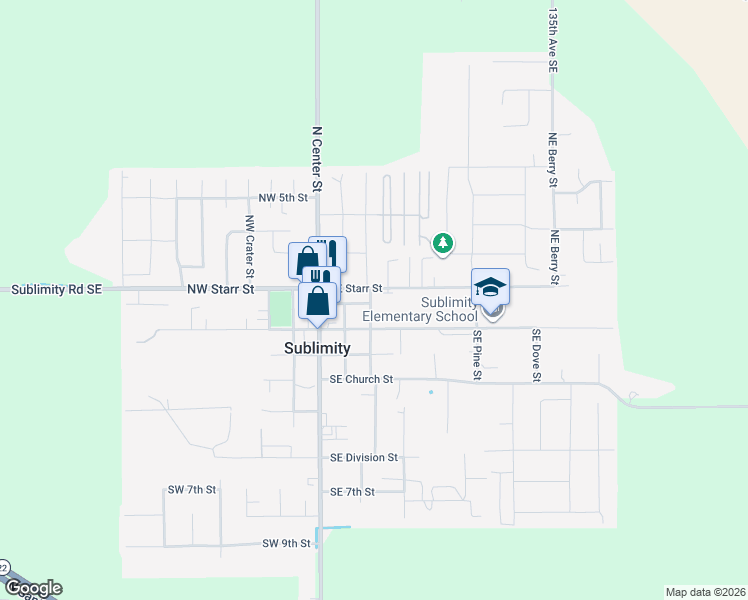 map of restaurants, bars, coffee shops, grocery stores, and more near 345 East Main Street in Sublimity