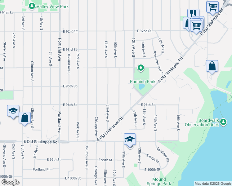 map of restaurants, bars, coffee shops, grocery stores, and more near 9535 Elliot Avenue South in Minneapolis