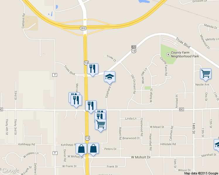 map of restaurants, bars, coffee shops, grocery stores, and more near 3399 Epiphany Lane in Eau Claire